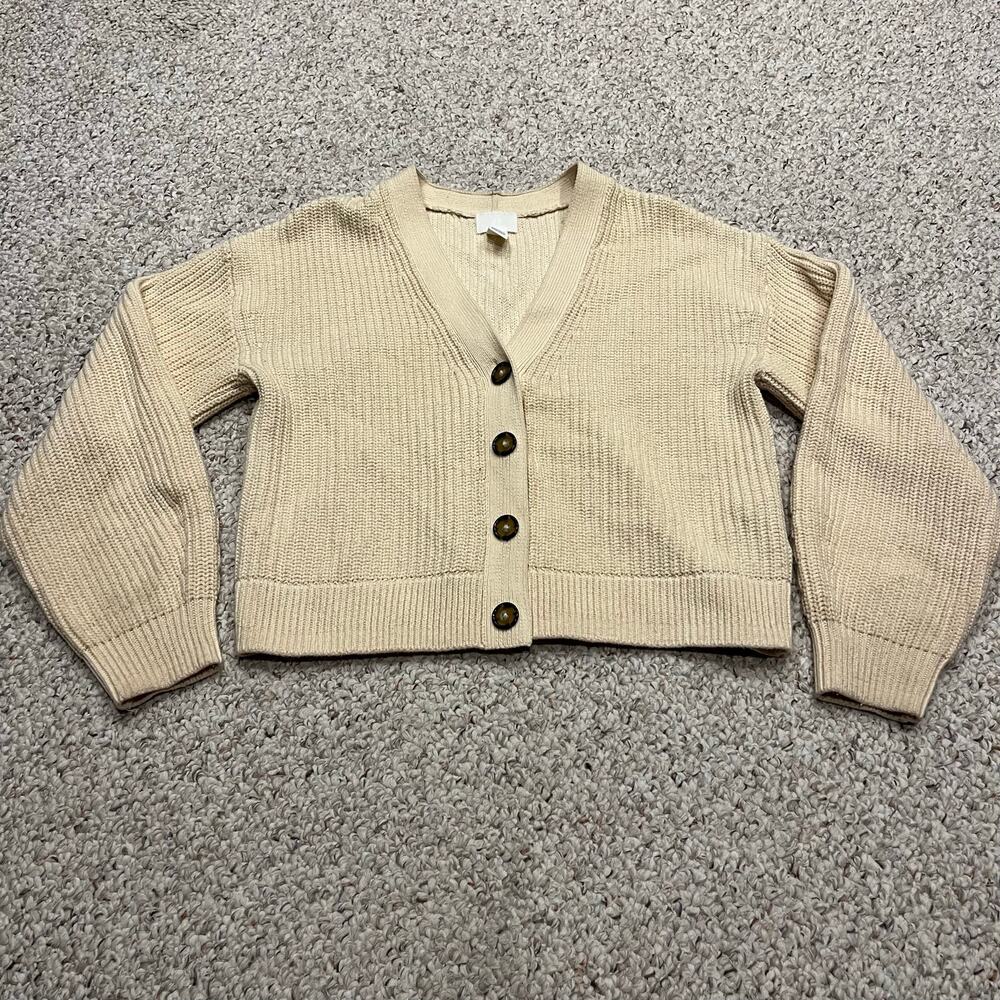 H&M V Neck Cardigan Sweater S Cream Classic Casual Cotton Blend Cozy Preppy